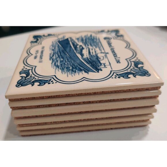 Vtg Holland America Line SS Statendam II MS Veendam III 4" Blue White Tiles Lot - Picture 9 of 10